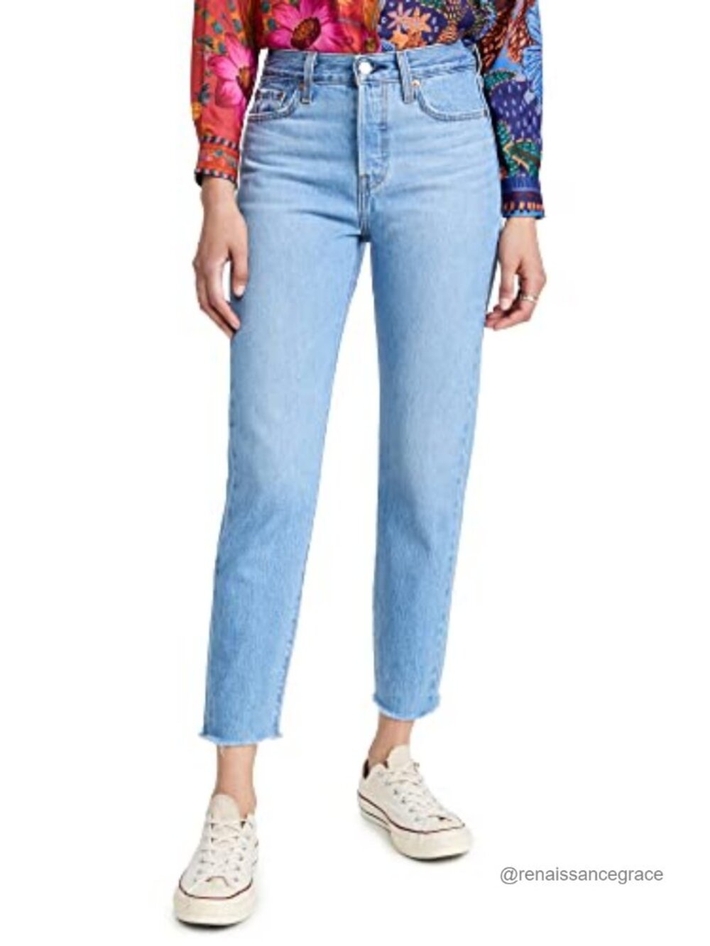 High Rise Tapered Leg Non-Stretch Cotton Jeans Button Fly